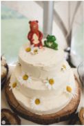 Homemade wedding cake topped with Frog & Bear.