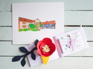 Abi & Rob's Little Bespoke Book Wedding Invitation - map page with original watercolour of Chaucer Barn, Norfolk.
